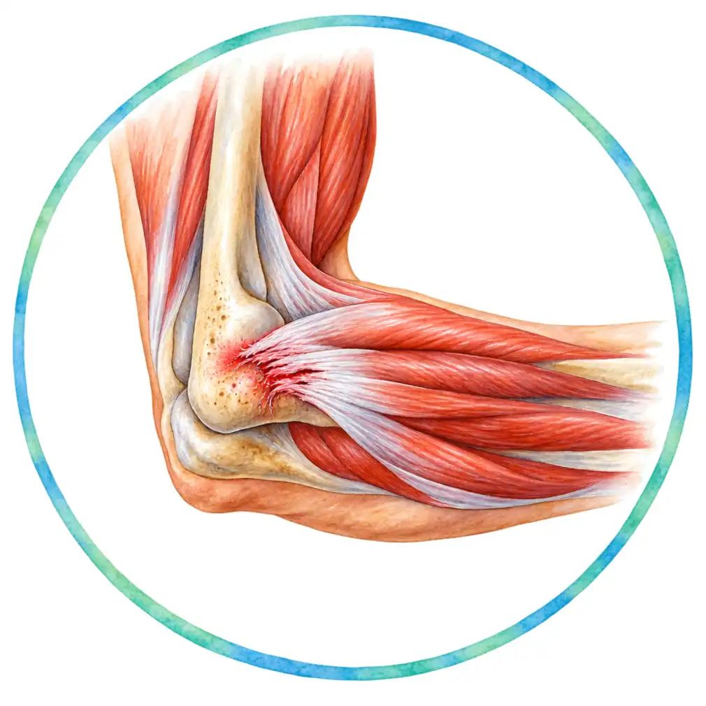 The forearm muscles anchor onto the bony bump on the outside of the elbow. Repeated use leaves tiny tears at that anchor.