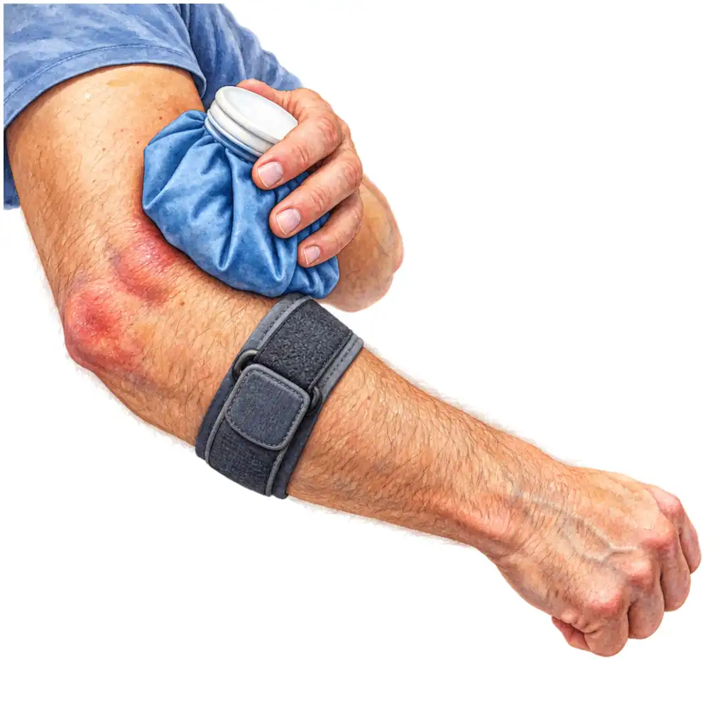 A counterforce strap two to three centimetres below the elbow takes the pull off the tendon. Ice for 15 to 20 minutes after activity.