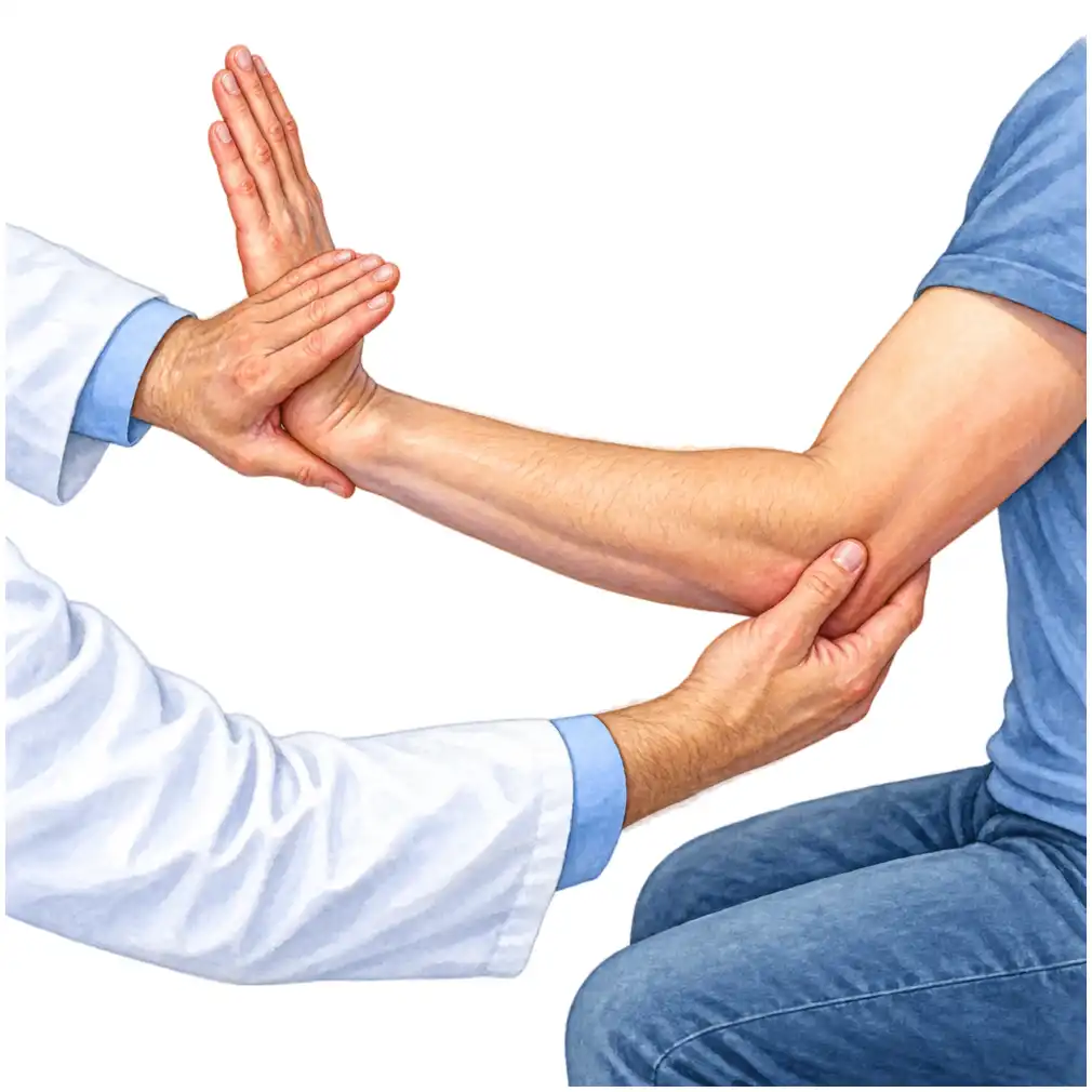 The doctor resists the wrist as it lifts. Pain at the outer elbow confirms it. A scan is usually not needed.