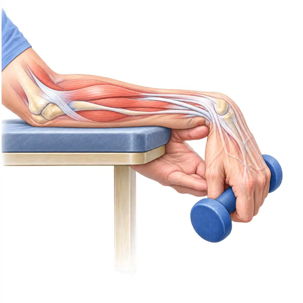 The key exercise: forearm on the table, lift the wrist with the other hand, then lower it slowly over 5 seconds against a small weight.