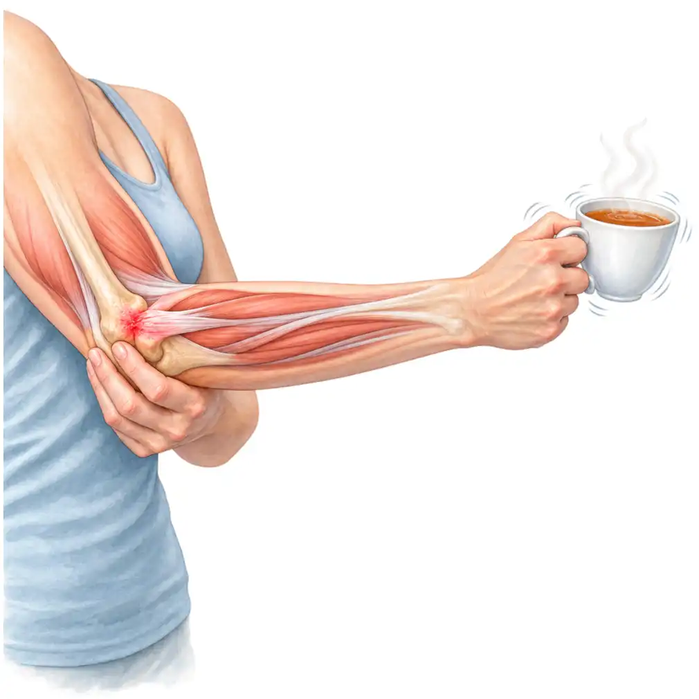 Pain on the outside of the elbow and a weak grip. Lifting a full cup with the arm straight is the everyday test.