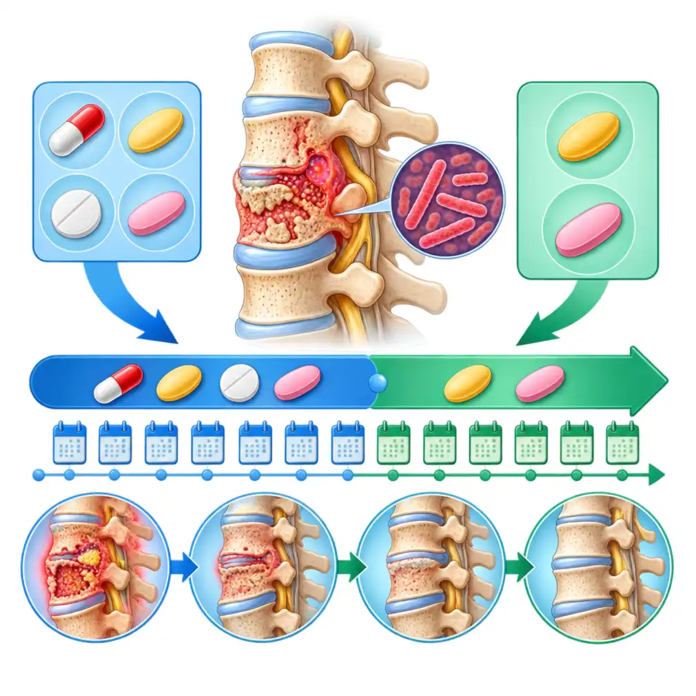 The drug course: four medicines in the intensive phase, two in continuation, and how the bone heals across it.