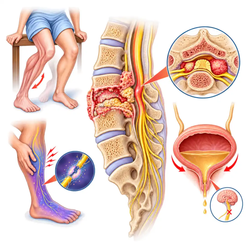 Warning signs that need hospital the same day: leg weakness, numbness, bladder trouble.