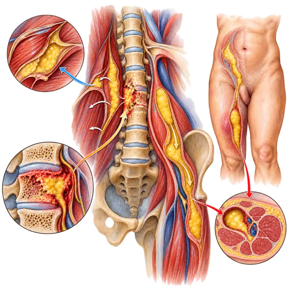 How a cold abscess tracks away from the spine, which is why a back infection can surface elsewhere.
