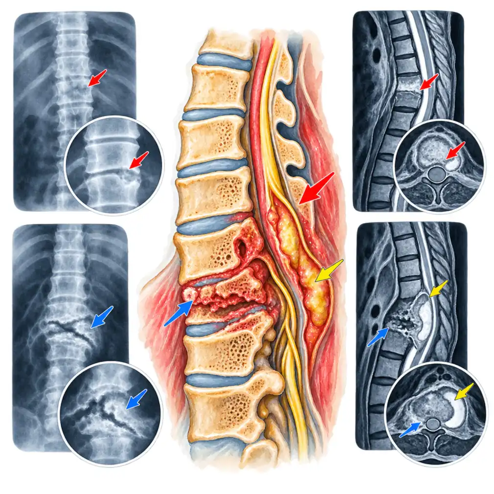Imaging in early and advanced disease, with the findings marked.