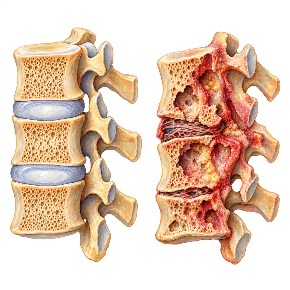 A healthy spine beside one destroyed by TB — the bone eaten away and the disc between collapsed.