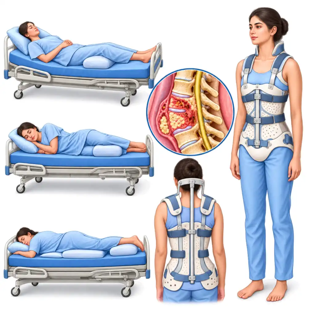 Resting and brace positions that protect the healing spine.