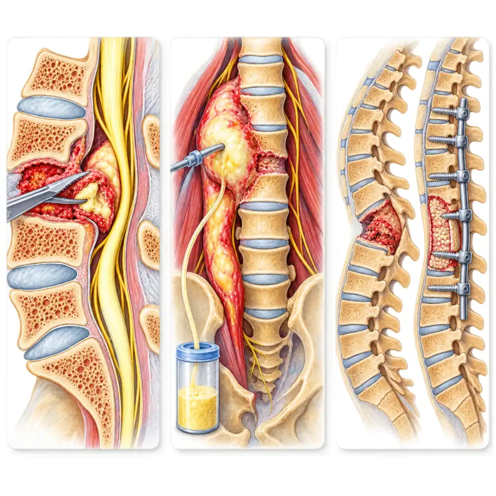 When an operation is needed: relieving pressure on the cord, draining a large abscess, and holding a collapsed spine straight.