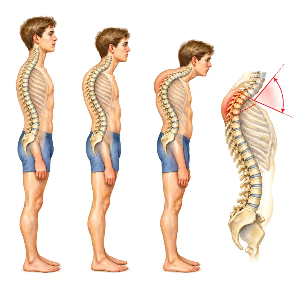 Gibbus deformity: normal posture, early rounding, and an established hump, with the angle marked.
