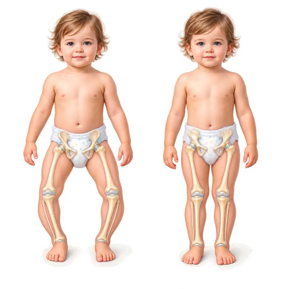 In children, soft weak bones — rickets. The legs may bow and walking becomes difficult, with leg pain, tiredness and teeth coming late.