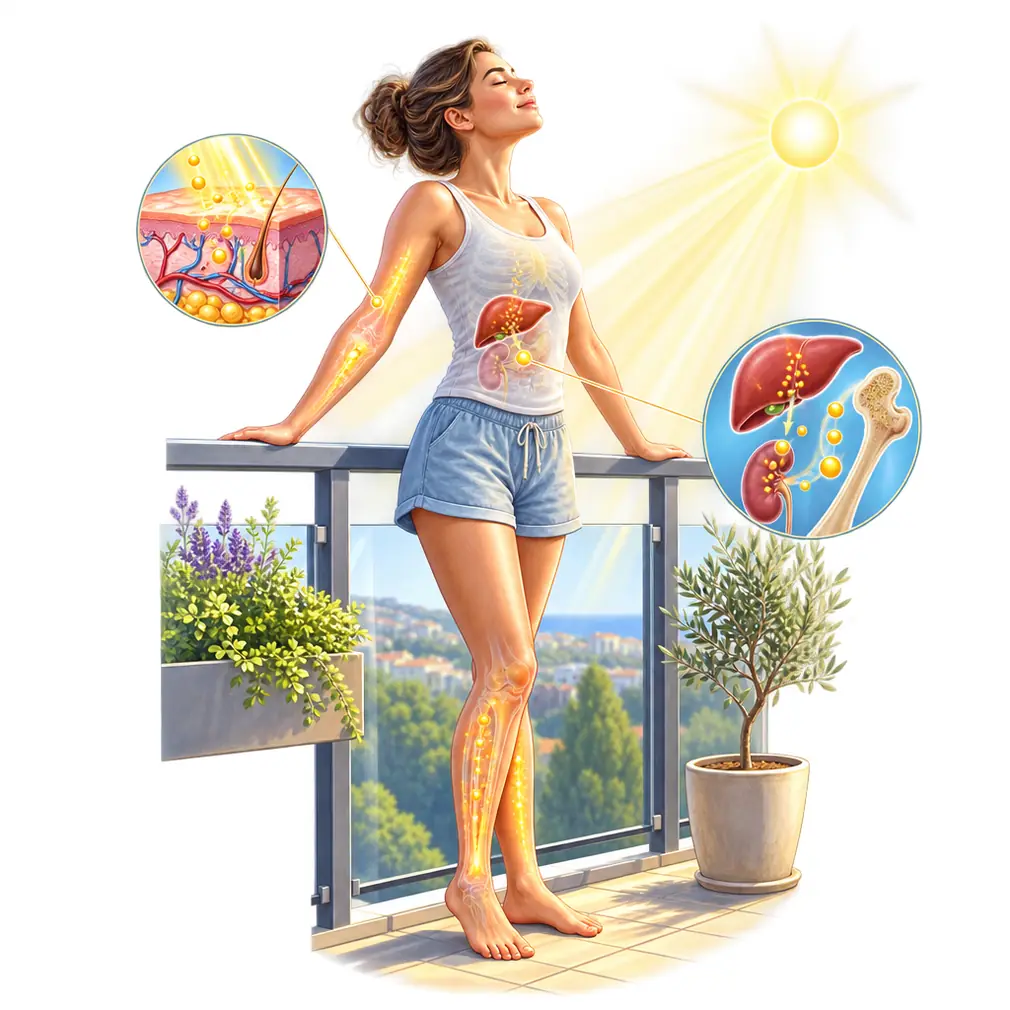 Morning sun between about 7 and 10, for 15 to 30 minutes, with arms and legs uncovered. Sunlight through a window or through clothing does nothing.