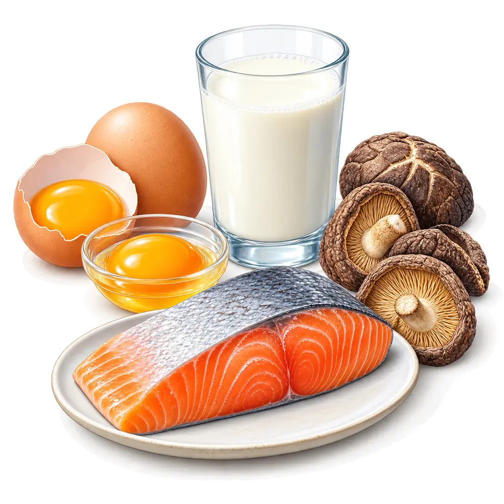 Egg yolk, oily fish, fortified milk and sun-dried mushrooms. Food alone rarely corrects a real deficiency — it keeps a corrected level from slipping.