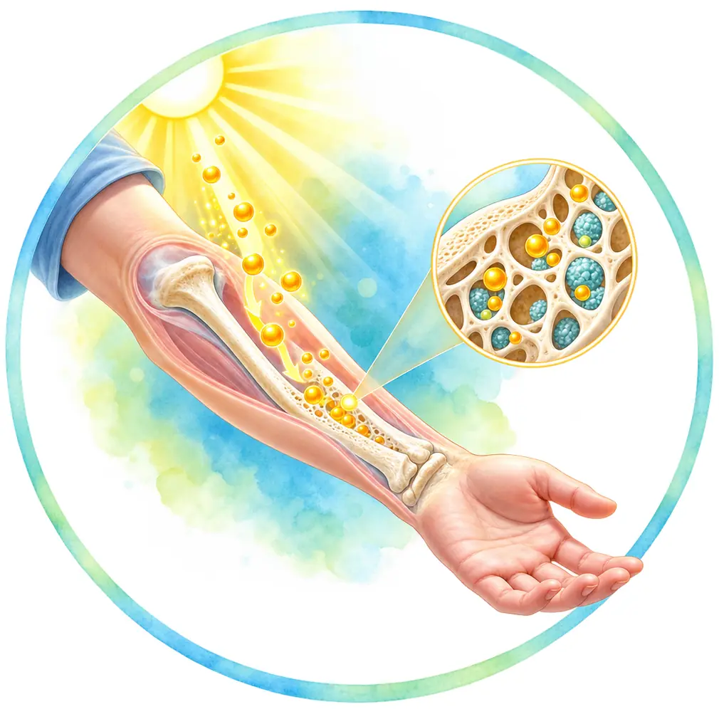 The body makes vitamin D when sunlight touches the skin. Its job is to let you absorb the calcium in your food — without it, the calcium passes through.