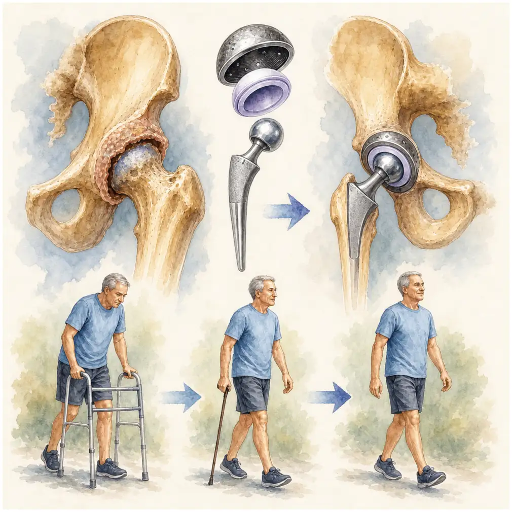 Arthritic hip joint replaced with a metal stem, ball and socket implant, and recovery from walker to walking stick to walking unaided