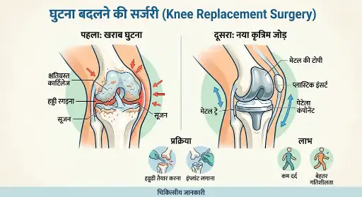 Knee replacement diagram — a worn arthritic knee beside a knee resurfaced with a metal femoral cap, a plastic insert and a metal tibial tray